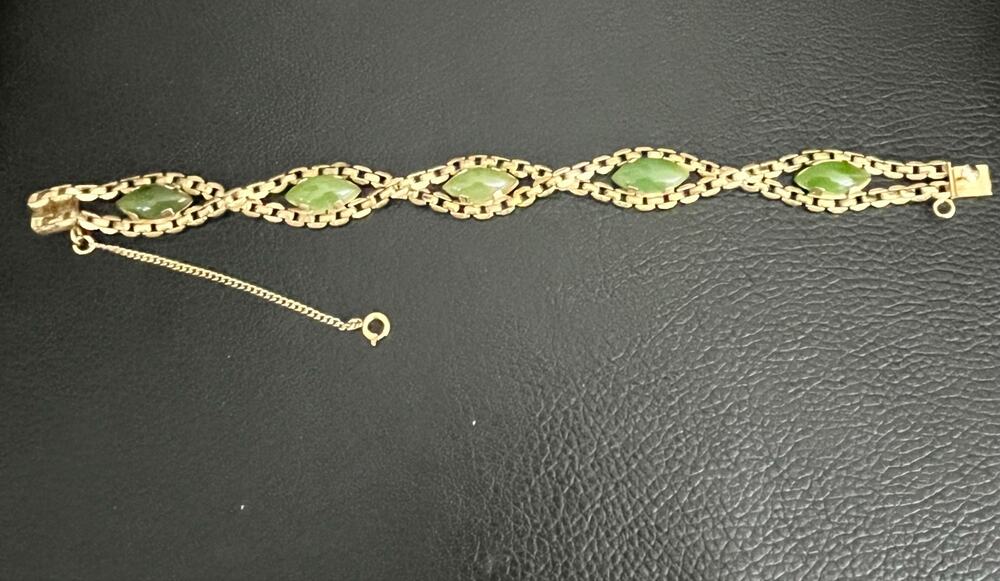 Vintage 12K Gold Filled Green Stone Link Bracelet by L'F
